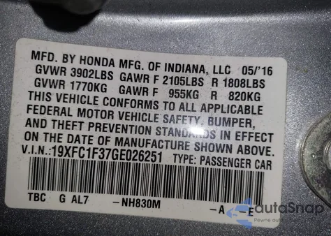 2016 Honda Civic Ex-T z USA, uszkodzony, nr VIN 19XFC1F37GE026251